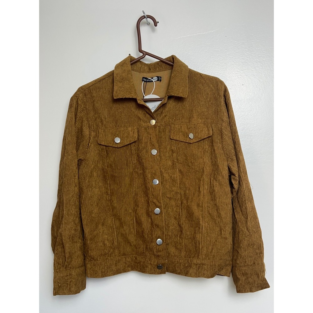 Boohoo Blue Corduroy Trucker Jacket Camel Brown Button Front Women's 6 Boho NWT